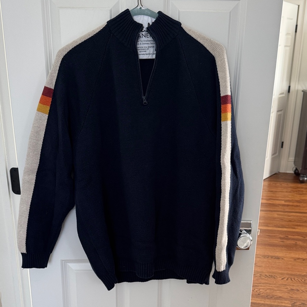 Marine Layer Men's Navy Sweater with Striped Sleeves